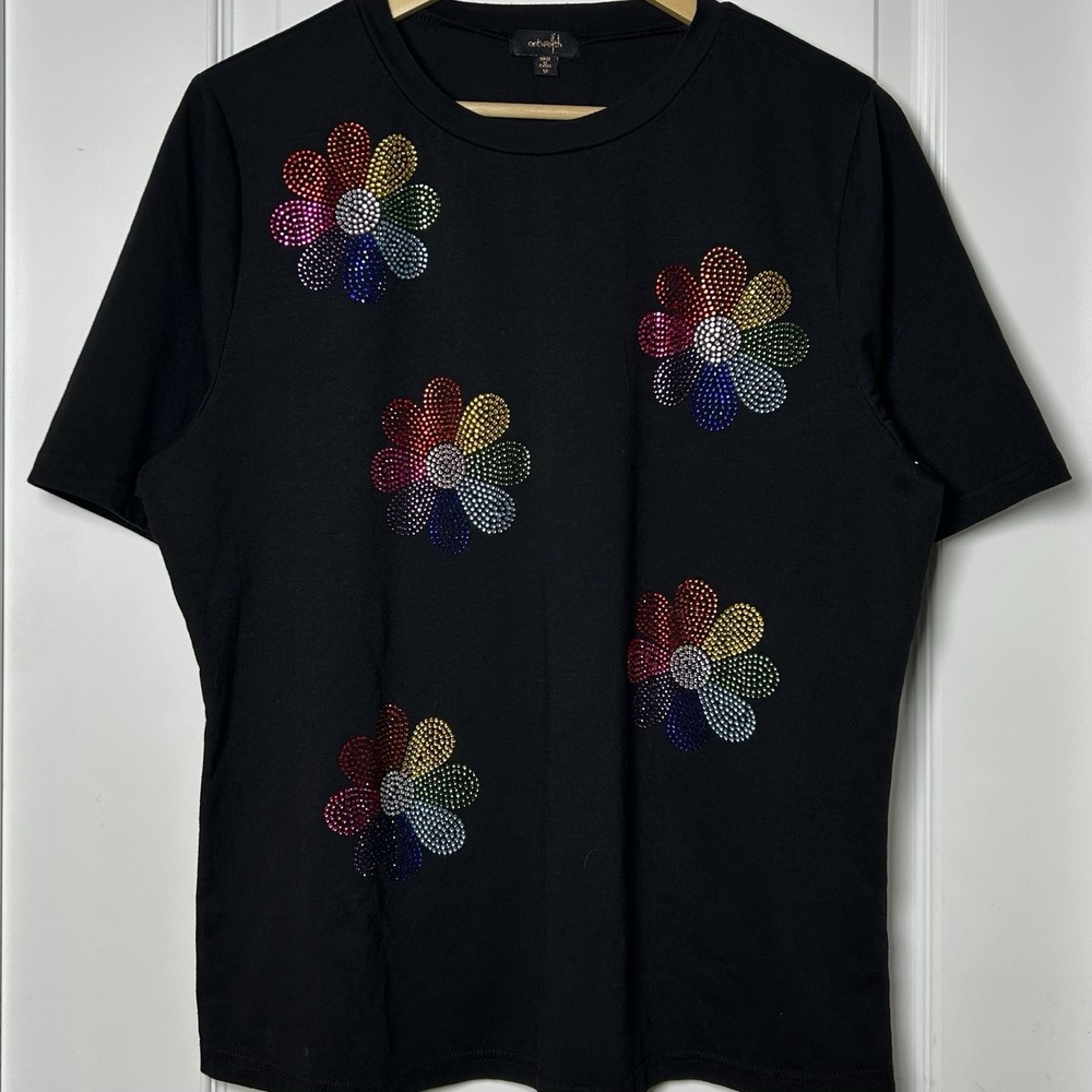 Ontwelfth Black Murakami Inspired Rainbow Rhinestone Flower Embellished T-Shirt